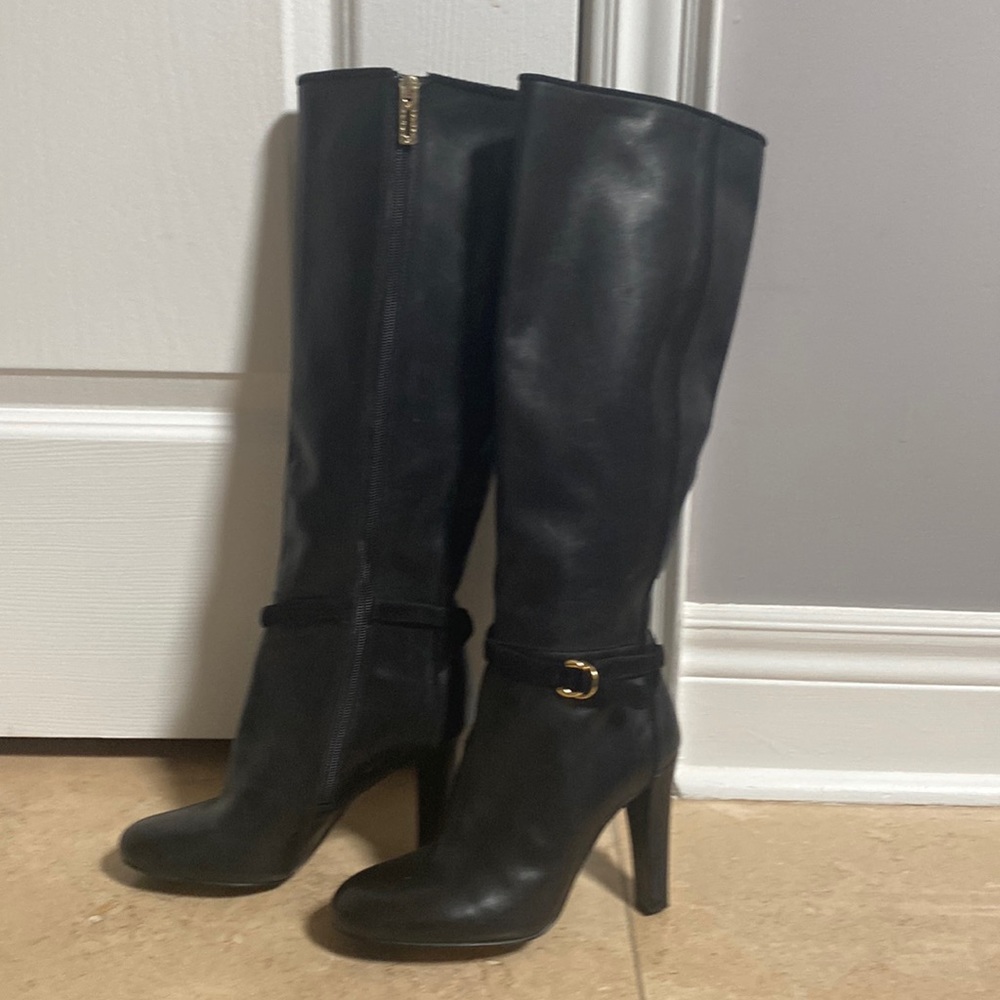 Ivanka Trump Black Leather Knee Boots 4” Zip Up